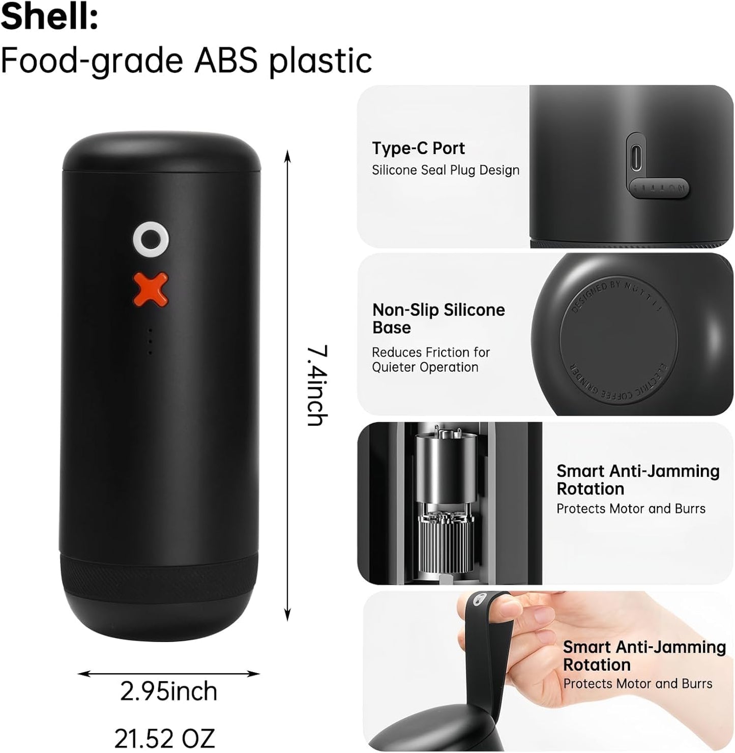 Nuttii Burr Coffee Grinder – Electric, Portable, Small, Quiet Adjustable Conical Burr Coffee Bean Mill, 20 Grind Settings for Espresso, Pour-Over, French Press Moka, for Home Travel Use (Matte Black)