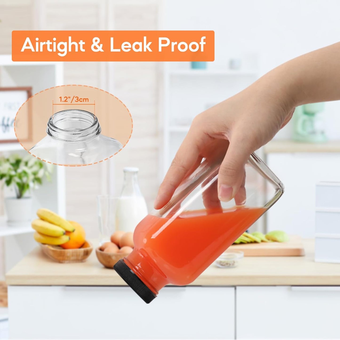 STARSIDE 12 oz 3 Pack Glass Juice Bottles with Lids - Square Reusable Drinking Jars for Juicing, Milk, Kombucha - Includes 1 Bottle Brush, 6 Colored Labels