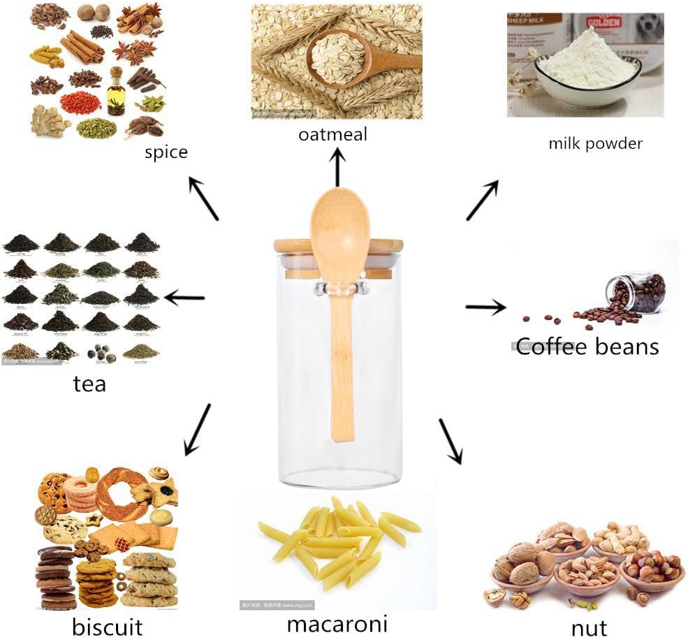 Set of 8 Glass Jars with Bamboo Lids and Spoons, 10 OZ Airtight Small Glass Tea Containers for Loose Tea, Coffee and Sugar Glass Container for Yogurt Jars with Lids