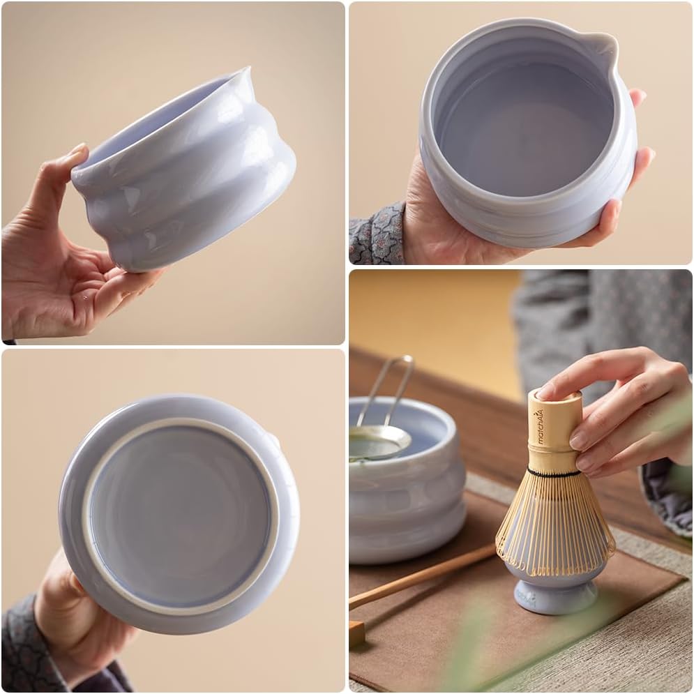 Matcha Whisk Set 8 Pcs - Ceramic Bowl, Bamboo Whisk with Holder, Canister, Sifter, Schima Spoon, Spoon Rest and Tea Towel, Complete Kit for Traditional Matcha and Modern Lattes (Purple)