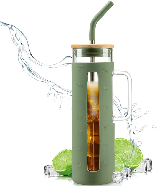 Kodrine Glass Tumbler with Handle, 24 oz Iced Coffee Cup Boba Smoothie Cup, Bamboo Lid Home Office Tumblers, Olive