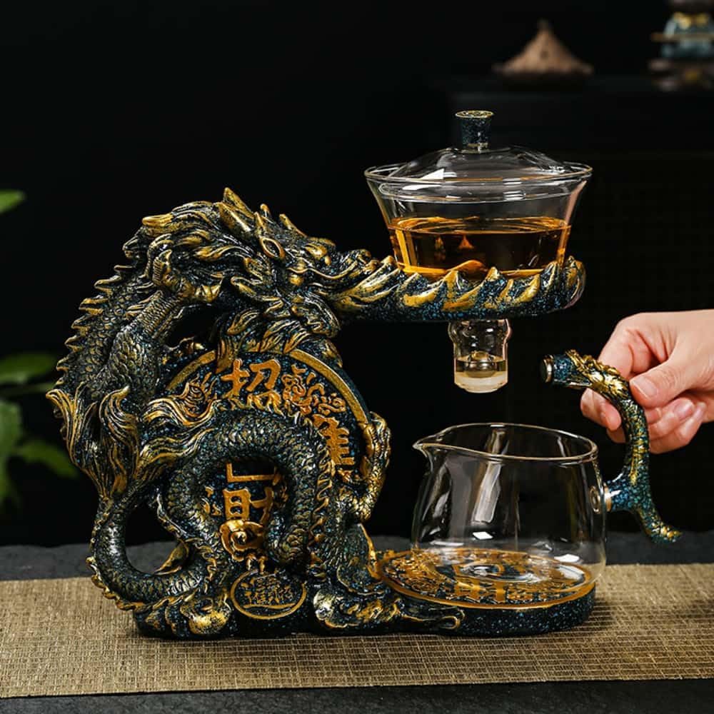 Glass Teapot Set with Infuser Semi Automatic Dragon Tea Set with 6 Small Cups (blue golden dragon-b)
