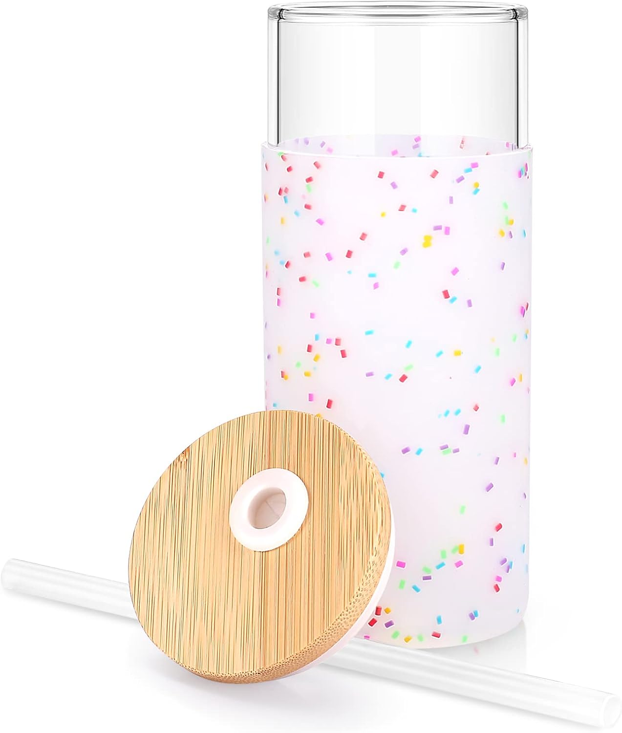 Tronco 20 oz Glass Tumbler Glass Water Bottle Straw Silicone Protective Sleeve Bamboo Lid - BPA Free (Colorful spots/ 2pack)