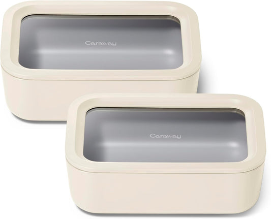 Caraway 2pc Glass Food Storage Set - 6.6 Cup Food Containers (2) - Ceramic Coated - Non Toxic, Non Stick Lunch Box with Lids. Dishwasher, Oven, & Microwave Safe - Cream