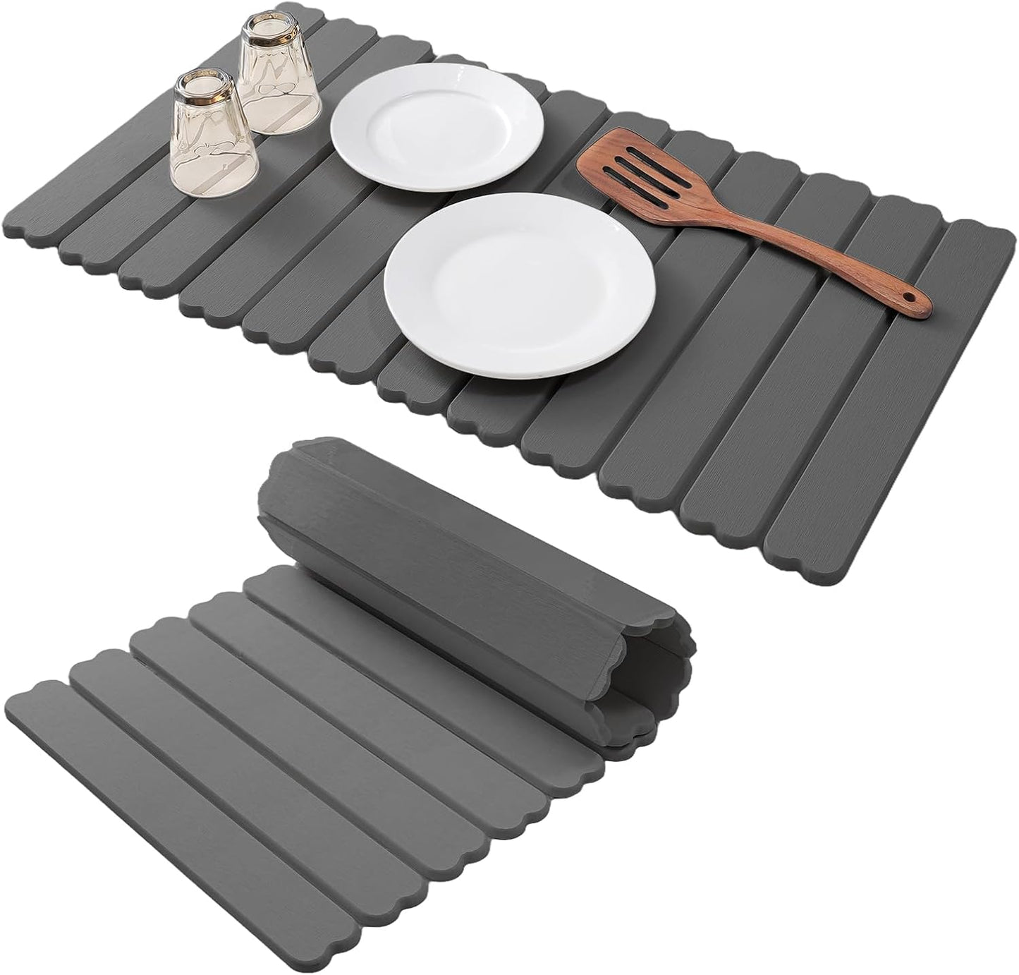 Extral Large Quick Dry Stone Drying Mat for Kitchen Counter,28x16 Inch Collapsible Eco-Friendly Absorbent Diatomaceous Earth Mat for Dishes Cups,Dish Drying Mats (Dark grey-Love shape, 28x16 inch)