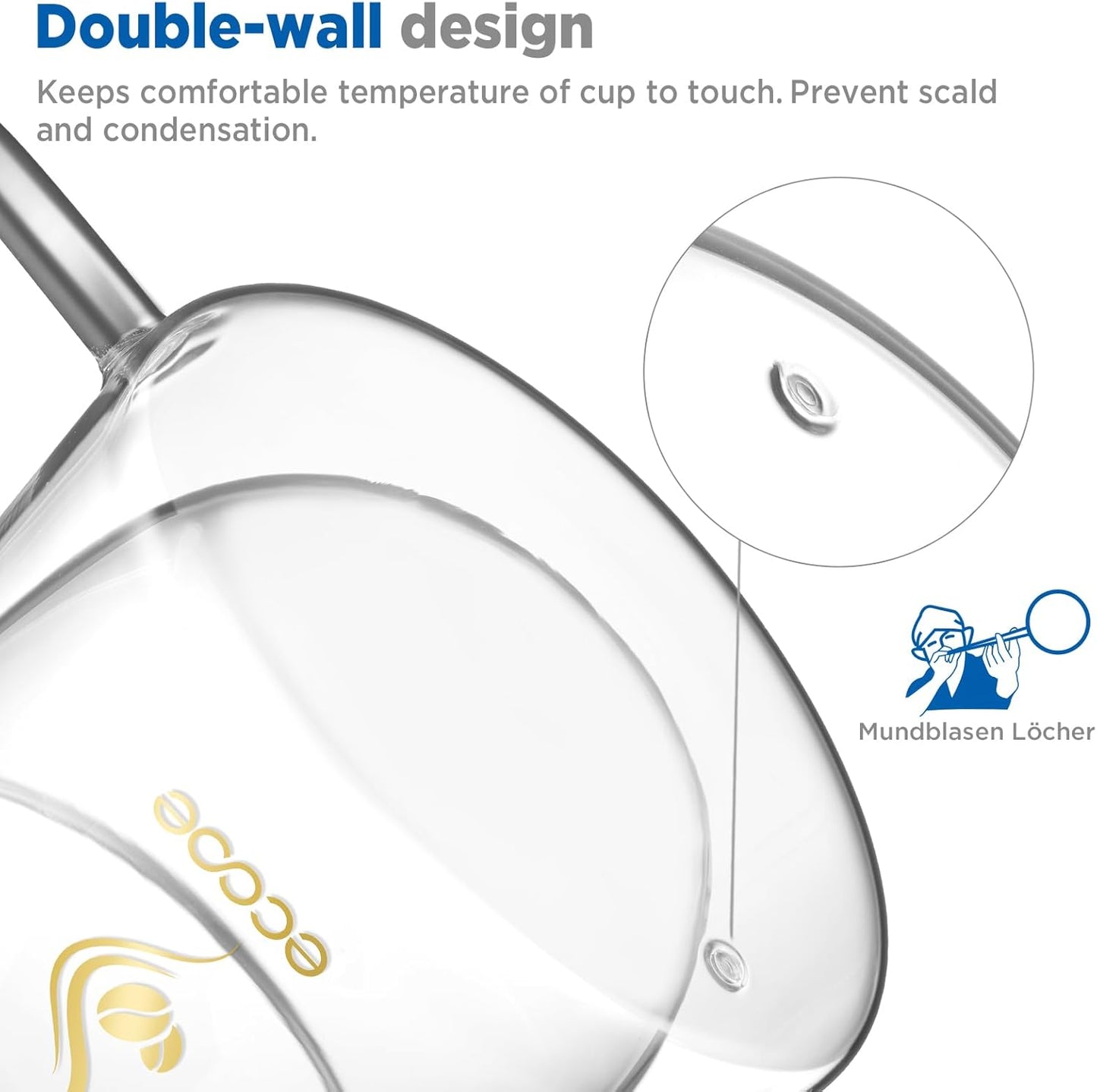 ecooe Double Walled Glass Coffee Mug 12oz Cappuccino Latte Macchiato Cups Set of 2 Clear Glass Coffee Cups with Handle, Double Wall Glass Cup for Tea Milk Juice Ice Cream, Birthday Gifts for Mum Dad