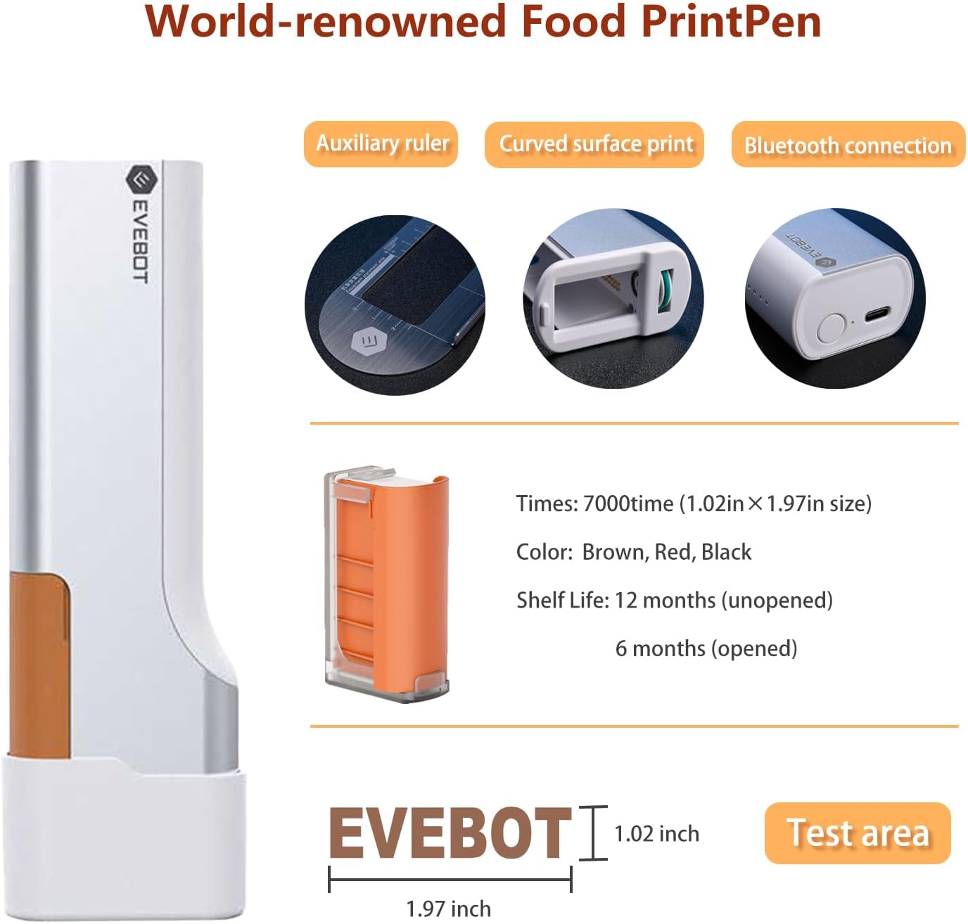 EVEBOT Handheld Food PrintPen, Portable Mini Latte Art & Dessert Decorator for Coffee, Macarons, Cookies - Bluetooth 4.2, Brown, Black, Red, Matcha 4PCS