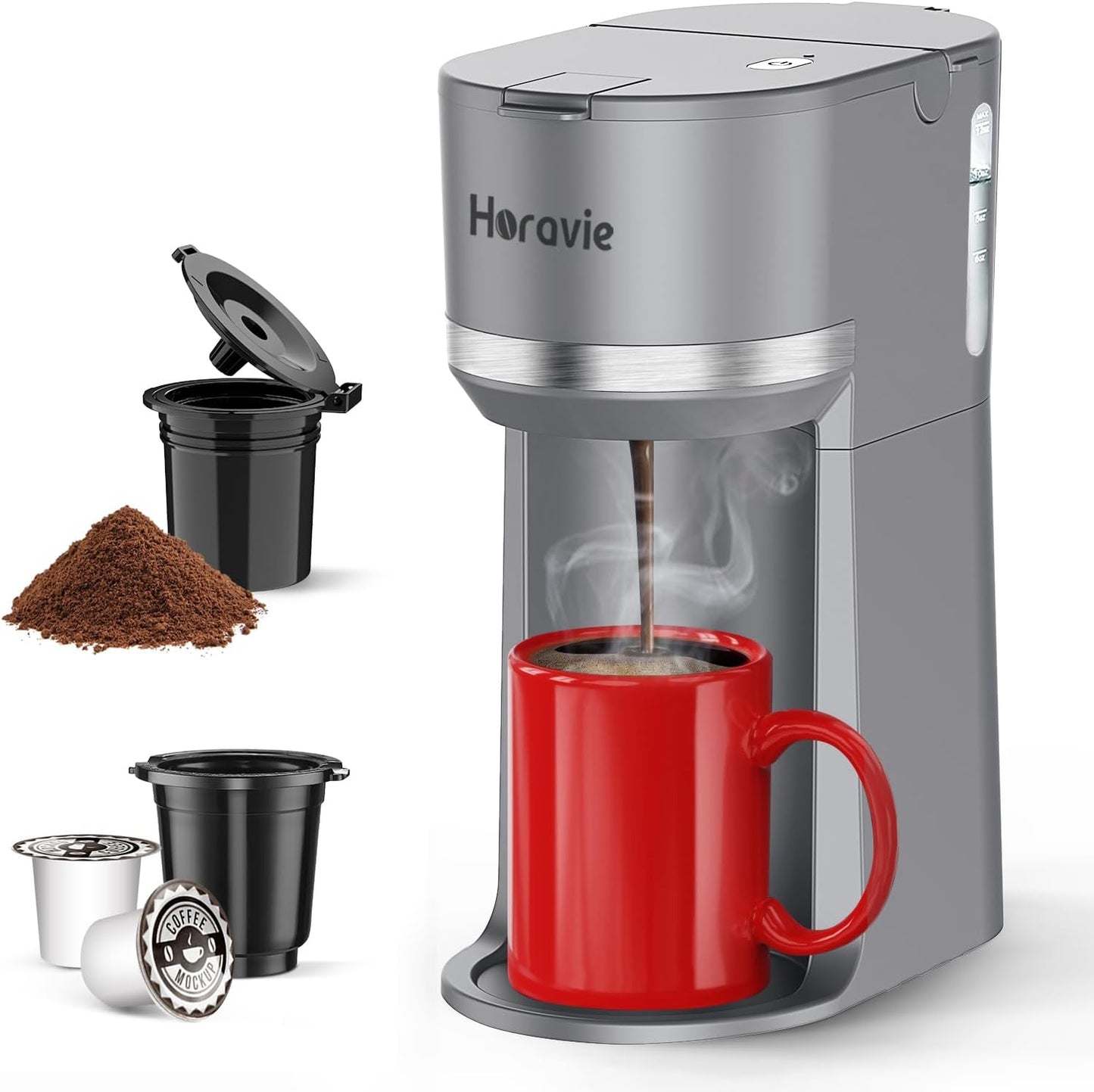 Mini Single Serve Coffee Maker for K Cup and Ground Coffee, Fast Brew One Cup Coffee Machine with Descaling Reminder and Water Window, 6 to 12 oz. Brew Sizes, Grey