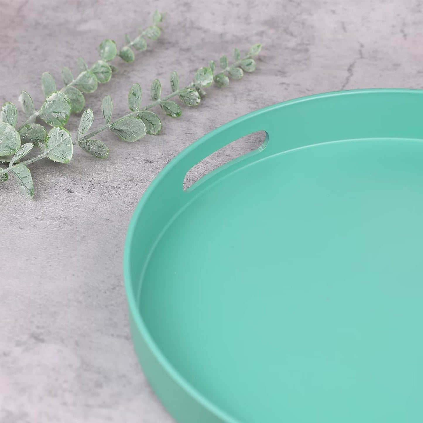 Round Green Decorative Serving Tray with Handles, 13” Versatile Ottoman Tray for Coffee Table, Entertaining, Outdoor Patio, Living Room