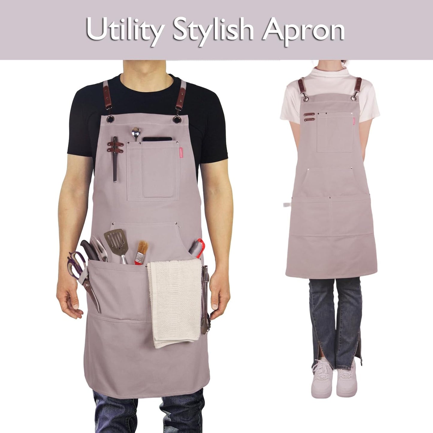 5 Pack Kitchen Apron, Work Apron, Canvas, Multiple Pockets, Gardening, Painting, BBQ, Artist, Carpenter, Sizes M to XXL, Grey
