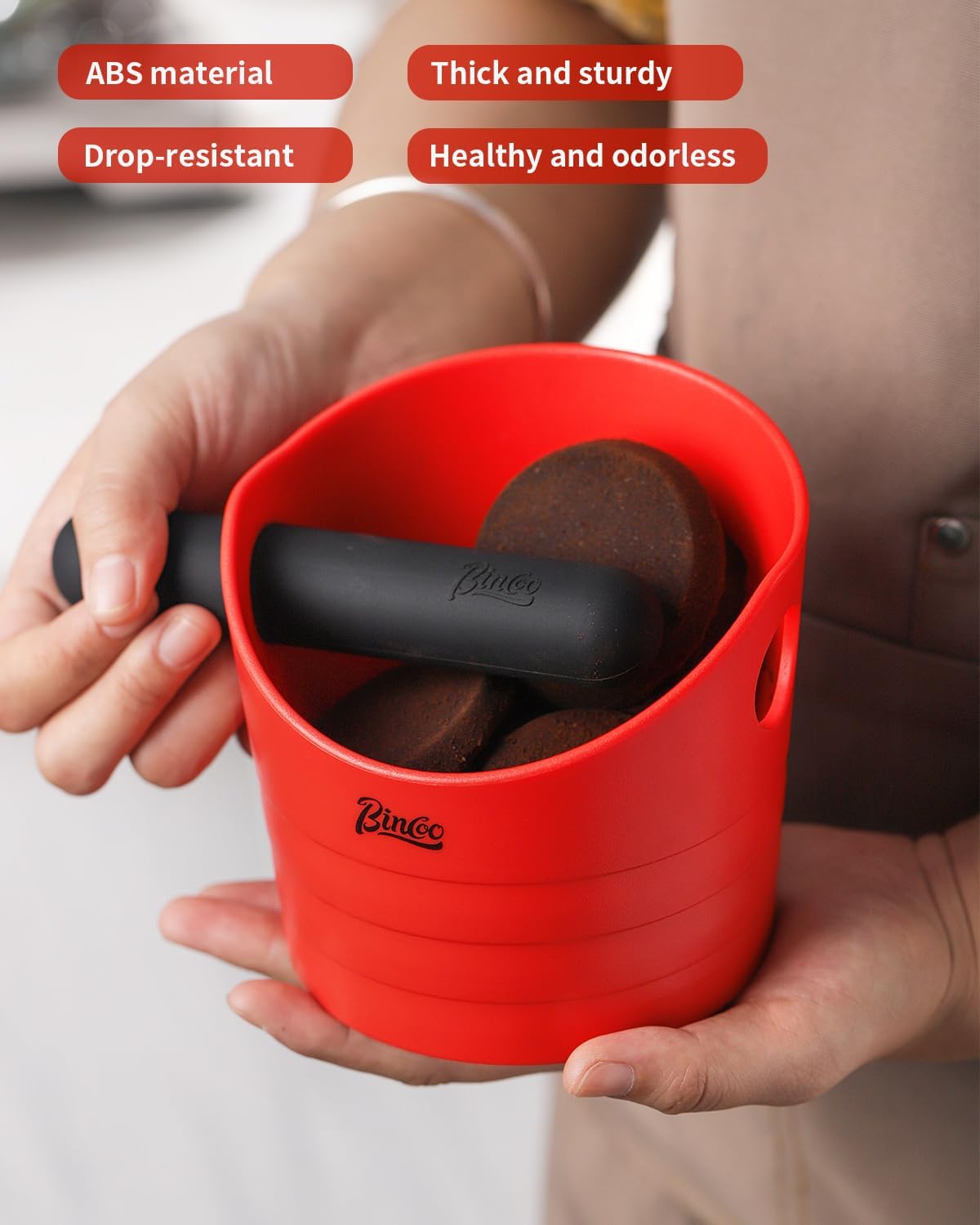 Bincoo Mini Coffee Knock Box 4.5 Inch - Espresso Accessories for Coffee Grounds Container - Multifunctional, Suitable for Home & Bar.(Red)