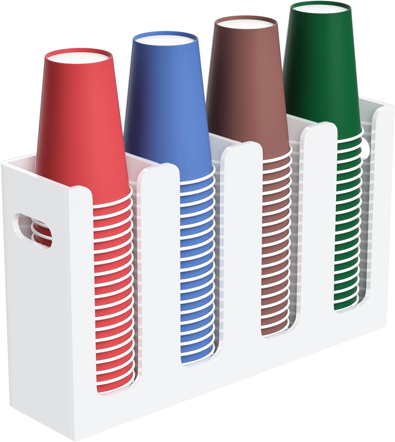 Disposable Coffee Cup Dispenser with Handles, Countertop or Wall Mount Hot/Cold Drink Cup and Lid Holder - Bathroom/Kitchen/Office Acrylic Cup Lid Storage Organizer (4 Compartments, White)