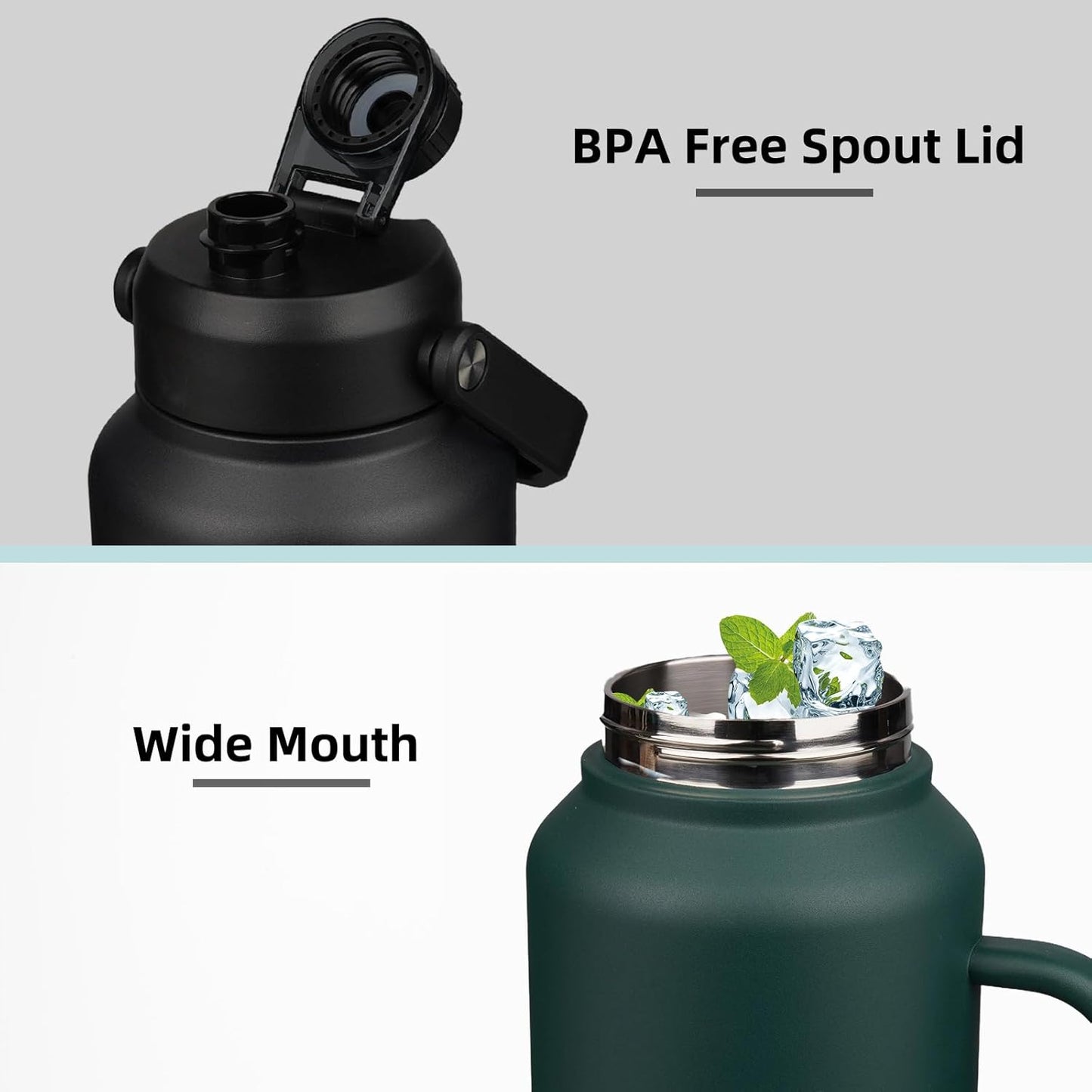 BJPKPK 1 Gallon Water Bottle with Handle, Large Dishwasher Safe 128oz Insulated Water Bottle, BPA Free Water Jug, Wide Mouth Metal Water Bottle with Anti-slip Bottom, Keep Cold & Hot,Blue & Black