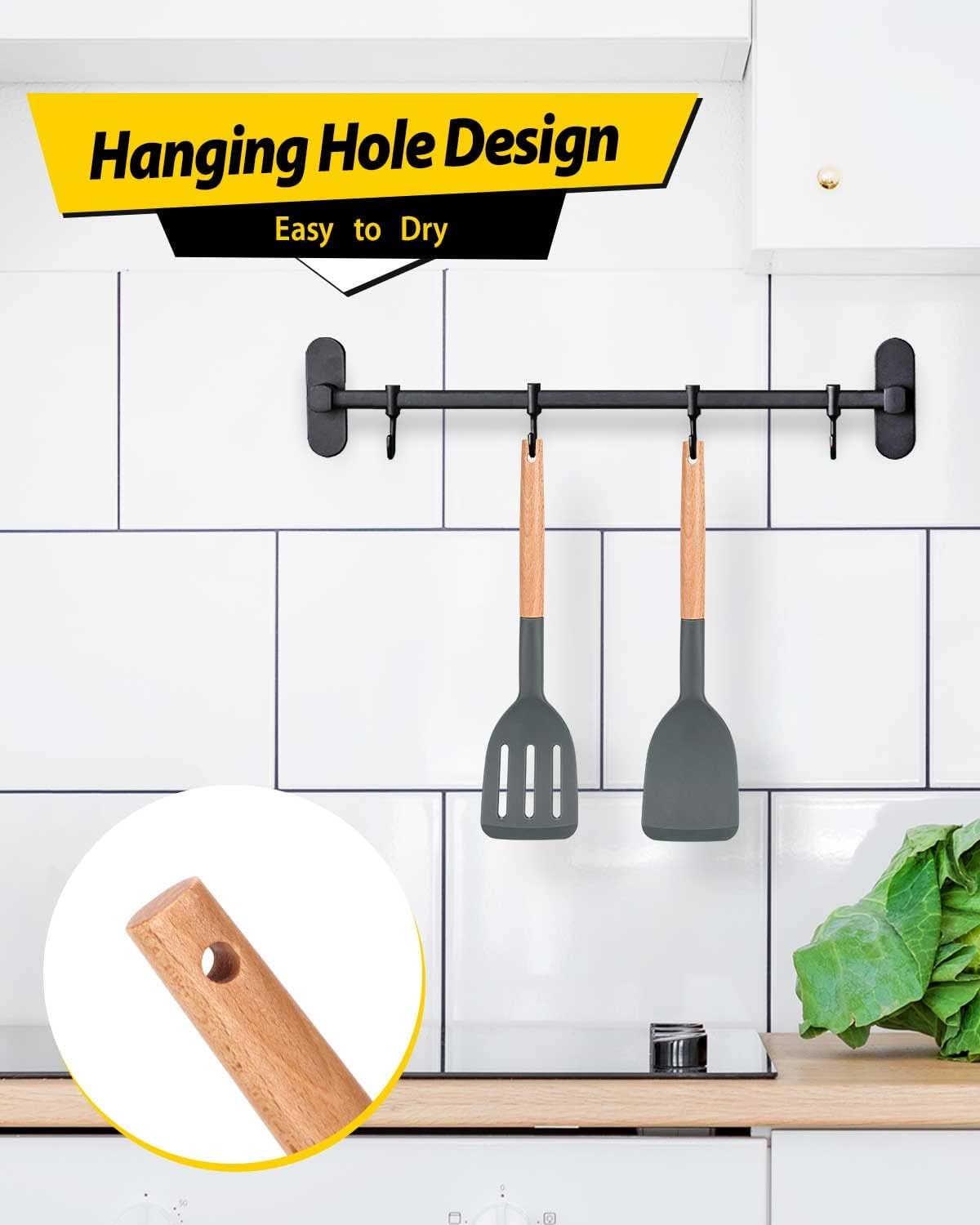 Pack of 2 Silicone Cooking Spatula, Heat Resistant Solid Turner, Non Stick Slotted Spatulas with Wooden Short Handle,Ideal Wood Kitchen Utensils Set for Frying, Baking, Flipping, Turning