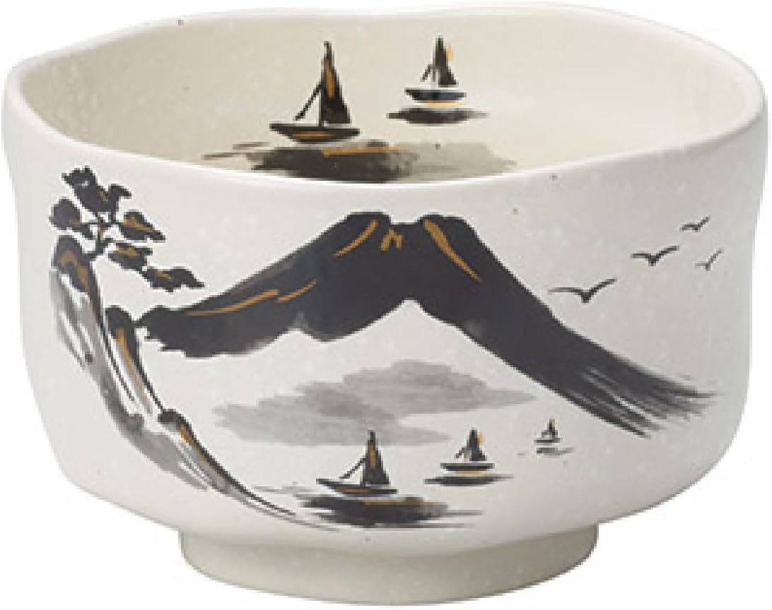 Japanese Traditional Handcrafted Matcha Chawan Tea Bowl Cup Ceremony Tableware Pottery (Kinsai Sansuiga Hiyori Wan)