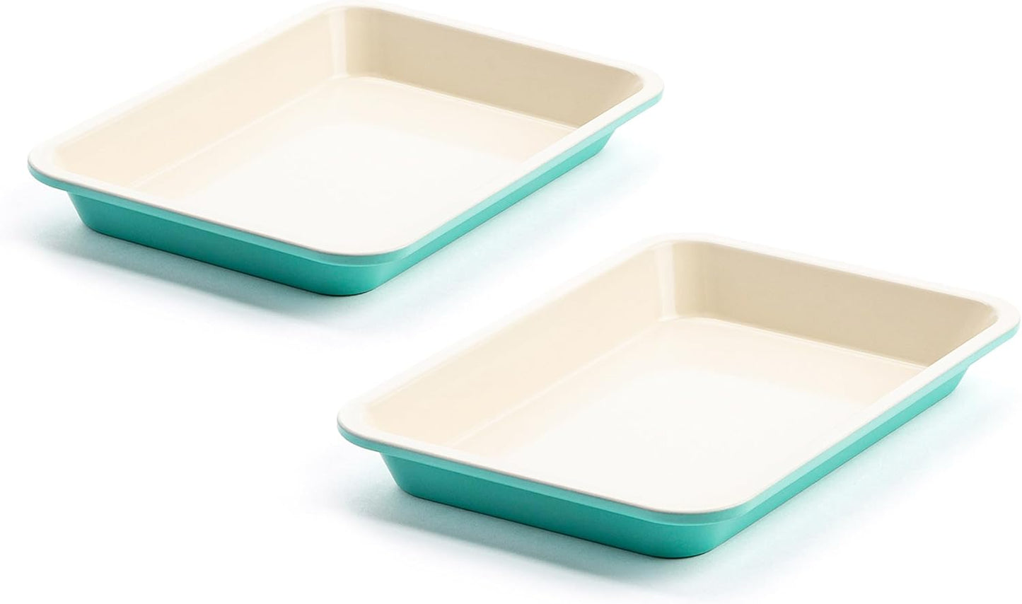 GreenLife 13" x 9" Quarter Sheet Baking Pans, 2 Piece Bakeware Set, PFAS-Free Ceramic Nonstick Rectangular Cookie Trays, Oven Safe to 450°F, Even Heating, Easy Clean Ovenware, Turquoise