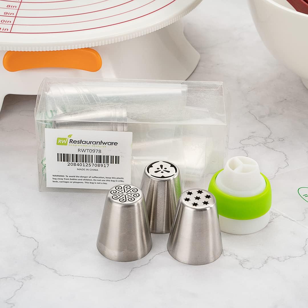 Restaurantware Pastry Tek Russian Piping Tips Set 17 Piece Durable Cake Decorating Kit - 6 Piping Tips 10 Piping Bags Stainless Steel Piping Bags And Tips Set 1 Tri-Color Coupler