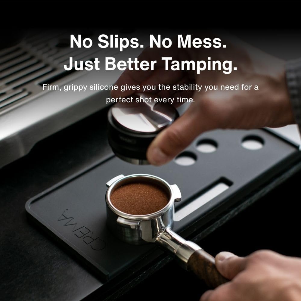 Crema Coffee Products Tamping Mat for Infuser | Non-Slip Silicone Protection for Countertops & Portafilters | Precision Fit with Drip Tray & Vent Holes | Easy to Clean, Durable Espresso Tamping Pad