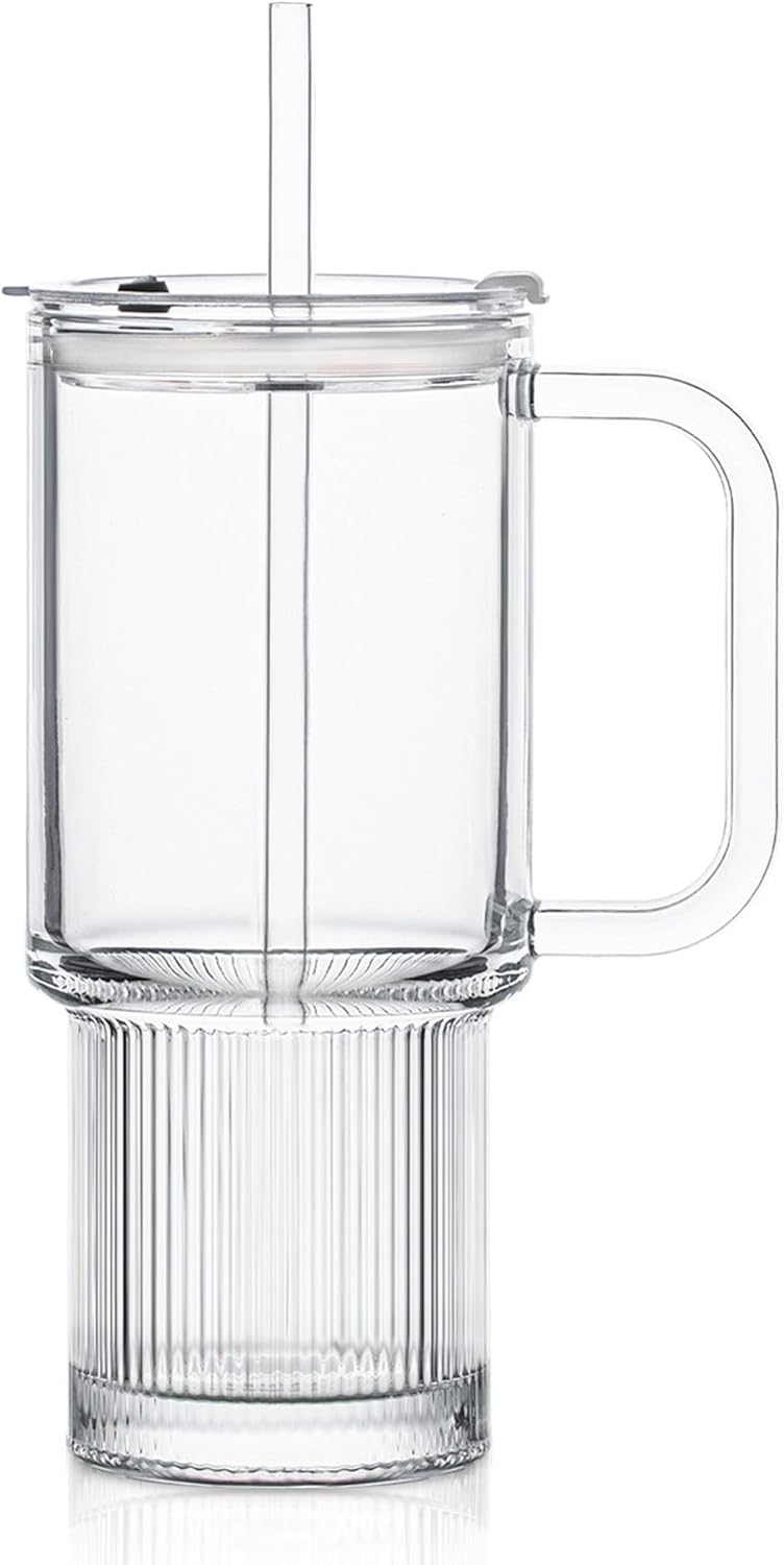 KEMORELA 26oz Ribbed Glass Mug with Handle and Lid – Large Clear Tumbler for Iced Coffee, Tea, Smoothies & Hot Drinks, Reusable Glass Cup with Straw, Dishwasher Safe, Travel Friendly