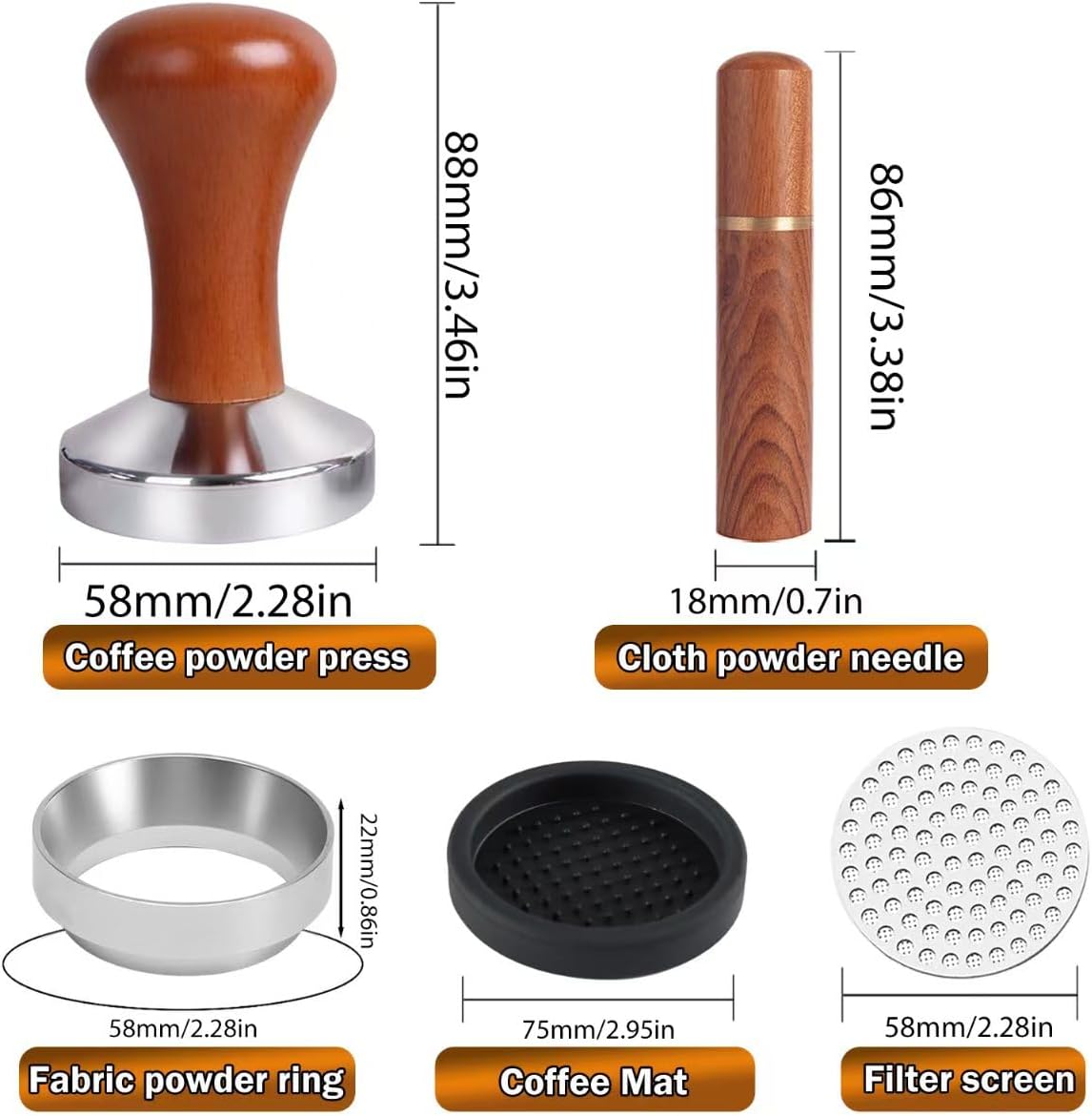 58mm Espresso Accessories Kit,Wdt Tool Espresso,Solid Espresso Tamper,Coffee Puck Screen and Dosing Funnel,Silicone Tamper Mat,0.4mm Stainless Steel 6pin Espresso Stirrer,Barista Tools Espresso Kit