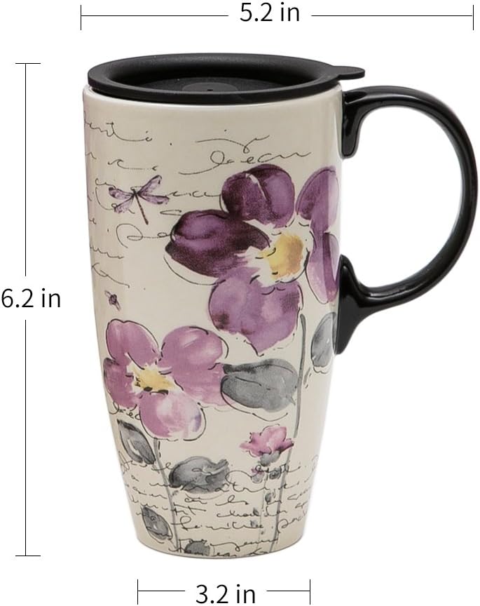 Topadorn Tall Ceramic Travel Mug 17 oz. Coffee Cups Sealed Lid With Color Box (Purple Flower)
