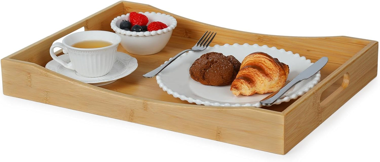 Gobam Bamboo Serving Tray with Handles, 19.7 x 13.8 inch Rectangular Decorative Tray for Entryway, Kitchen, Dining & Living Room, Large Wooden Breakfast Trays for Bed, Coffee Table & Ottoman