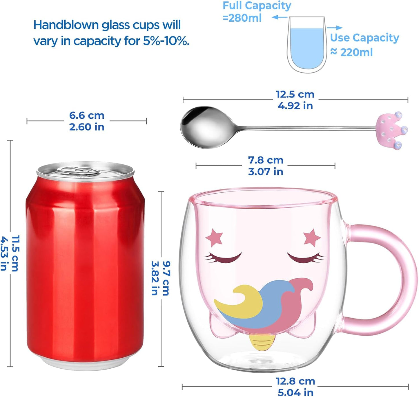 ecooe Cute Unicorn Mug Double Walled Glass Mug 9.4oz Coffee Cup Cappuccino Latte Glass Milk Tea Cup with Handle Spoon, Birthday Christmas Valentine's Day for Women Wife Mum Kids Friends Teachers