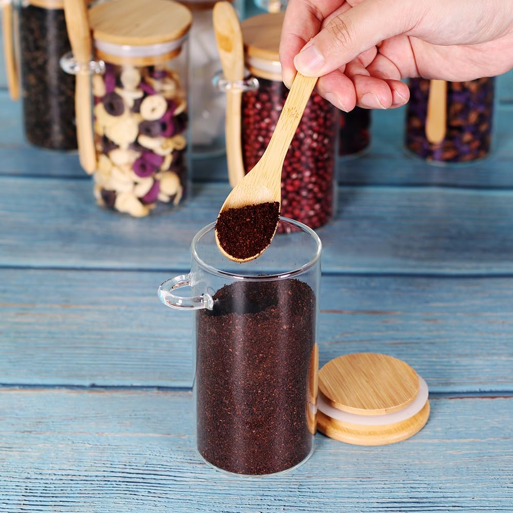 Set of 8 Glass Jars with Bamboo Lids and Spoons, 10 OZ Airtight Small Glass Tea Containers for Loose Tea, Coffee and Sugar Glass Container for Yogurt Jars with Lids