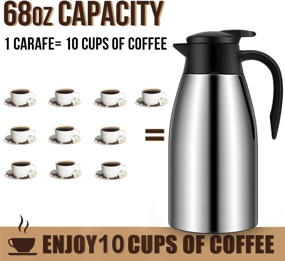 68oz Thermal Coffee Carafe, 2 Pack Airpot Insulated Coffee Urns Stainless Steel Vacuum Thermal Pot Dispenser for Coffee, Hot Water, Tea, Hot Beverage - Keep 12 Hours Hot, 24 Hours Cold (Silver, Black)