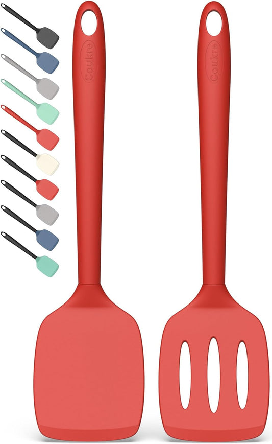 Coukre 2 Pack Silicone Spatula Set, High Heat Resistant, BPA Free Kitchen Spatula, Solid & Slotted Turner for Non-Stick Pans, Sautéing, and Flipping (2, PureRed)