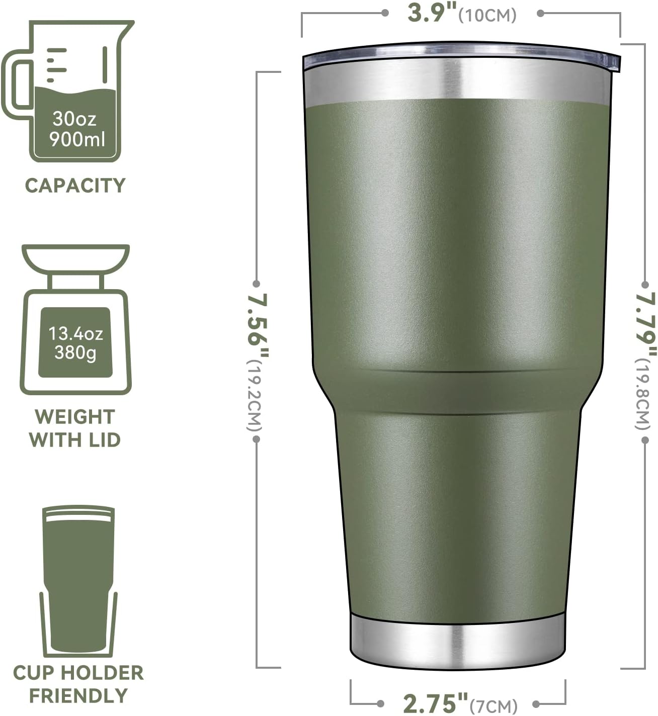 DOMICARE 30 oz Tumbler with Lid and Straw, Stainless Steel Tumblers Bulk, Insulated Vacuum Double Wall Travel Coffee Mug, Durable Powder Coated Tumbler Cups (Army Green, 4)