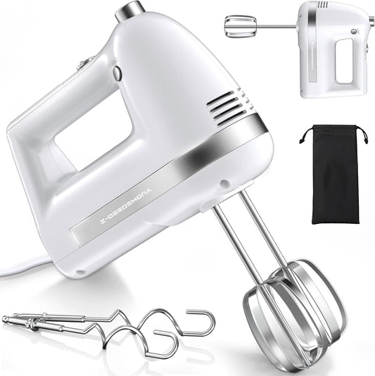 Electric Hand Mixer, Powerful 300W Hand Mixer Electric Handheld with 304 Beaters, Dough Hook,Hand Held Mixer with Turbo for Baking Cakes, Eggs, Cream Food(White)