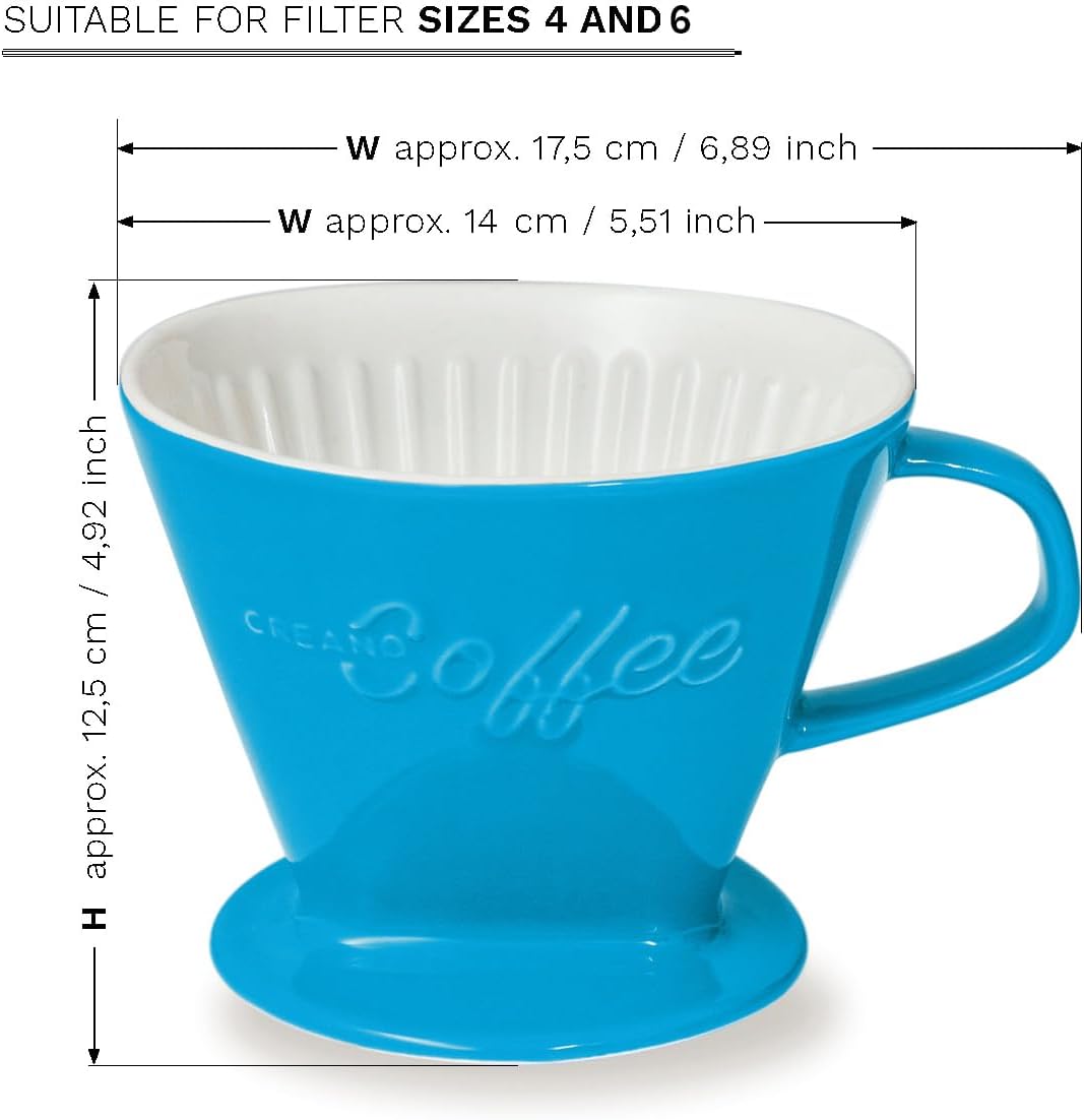 Creano XXL Porcelain Coffee Dripper Blue - Ceramic Cone Brewer - Pour Over Coffee Maker - Filter Size 4 - huge and heavy quality 800gr/28oz - 6 Colours availeble
