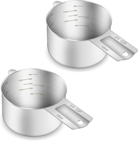 2PCS 3/4Cup (180ml, 6oz) Single Measuring Cup, Etched Inner Scale Stainless Steel Measure Scoop, Metric and US Measurement, Dishwasher Safe