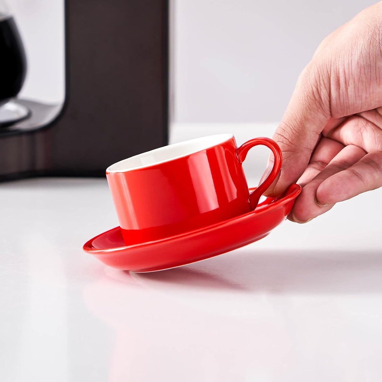 2.5oz Porcelain Stackable Espresso Cups with Saucers and Metal Stand Set of 4, Stackable Cappuccino Cups, Red Expresso Shots Cup Set for Coffee Drinks, Latte, Tea