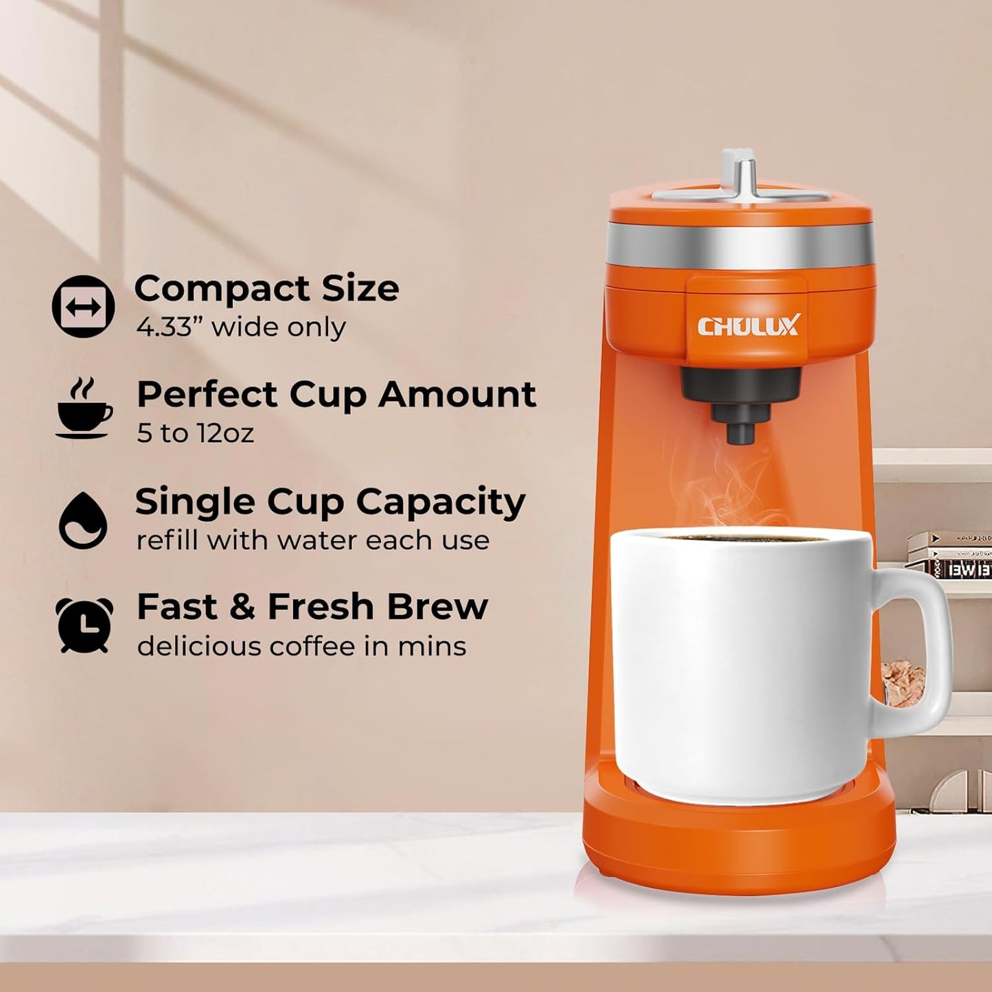 CHULUX Single Serve Coffee Maker for K Capsule, Mini Coffee Maker for One Cup Americano, Lightweight Pod Coffee Machine, Orange