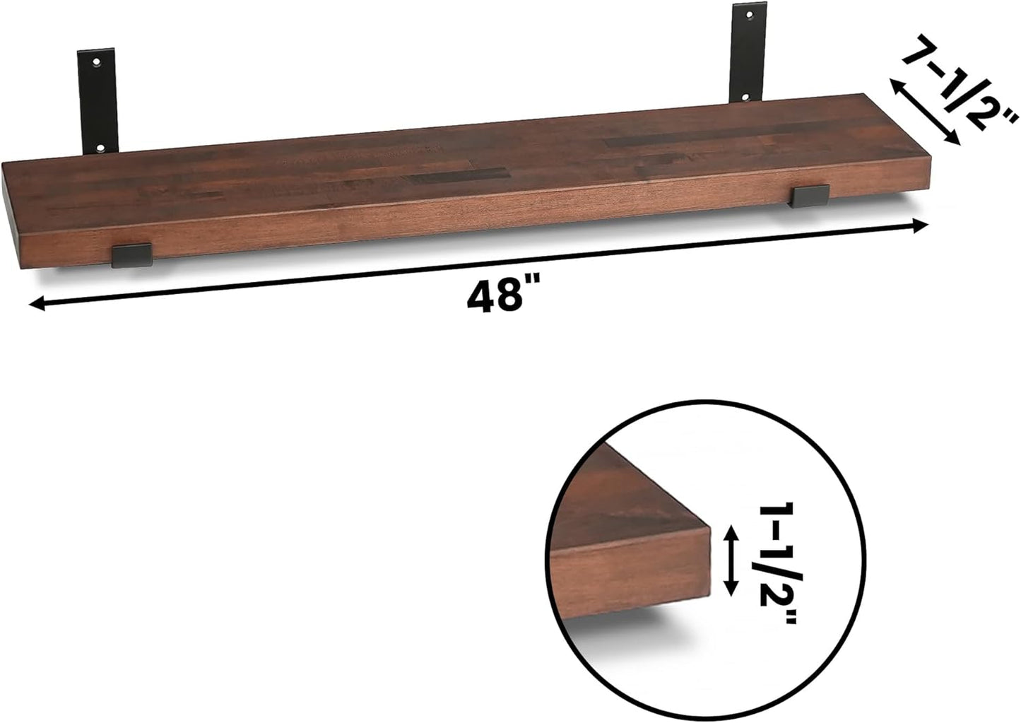 CONSDAN Floating Shelves for Wall Mounted Book Shelf Hanging Shelves Floating Bookshelf for Bedroom, Bathroom, Living Room, Kitchen USA Grown Solid Hardwood, Dark Maple 48x7.5x1.5 in (Set of 2)