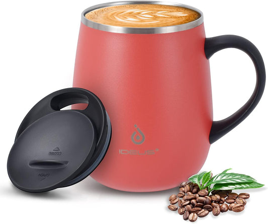 Ideus 16 oz Insulated Coffee Mug with Handle and Lid, Double Wall Stainless Steel Vacuum Thermal Coffee Mug, Travel Coffee Cup Thermal Cup for Home and Office, Jellyfish Red