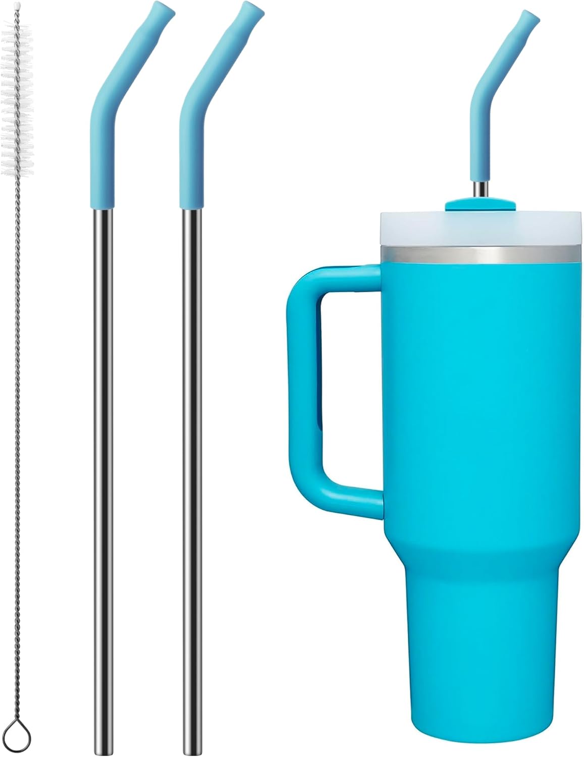 2 Pcs Stainless Steel Straws for 40 oz Stanley Tumbler, Replacement 40 oz Stanley Cup Straw Accessories with Silicone Tips and Cleaning Brush (Sky Blue)