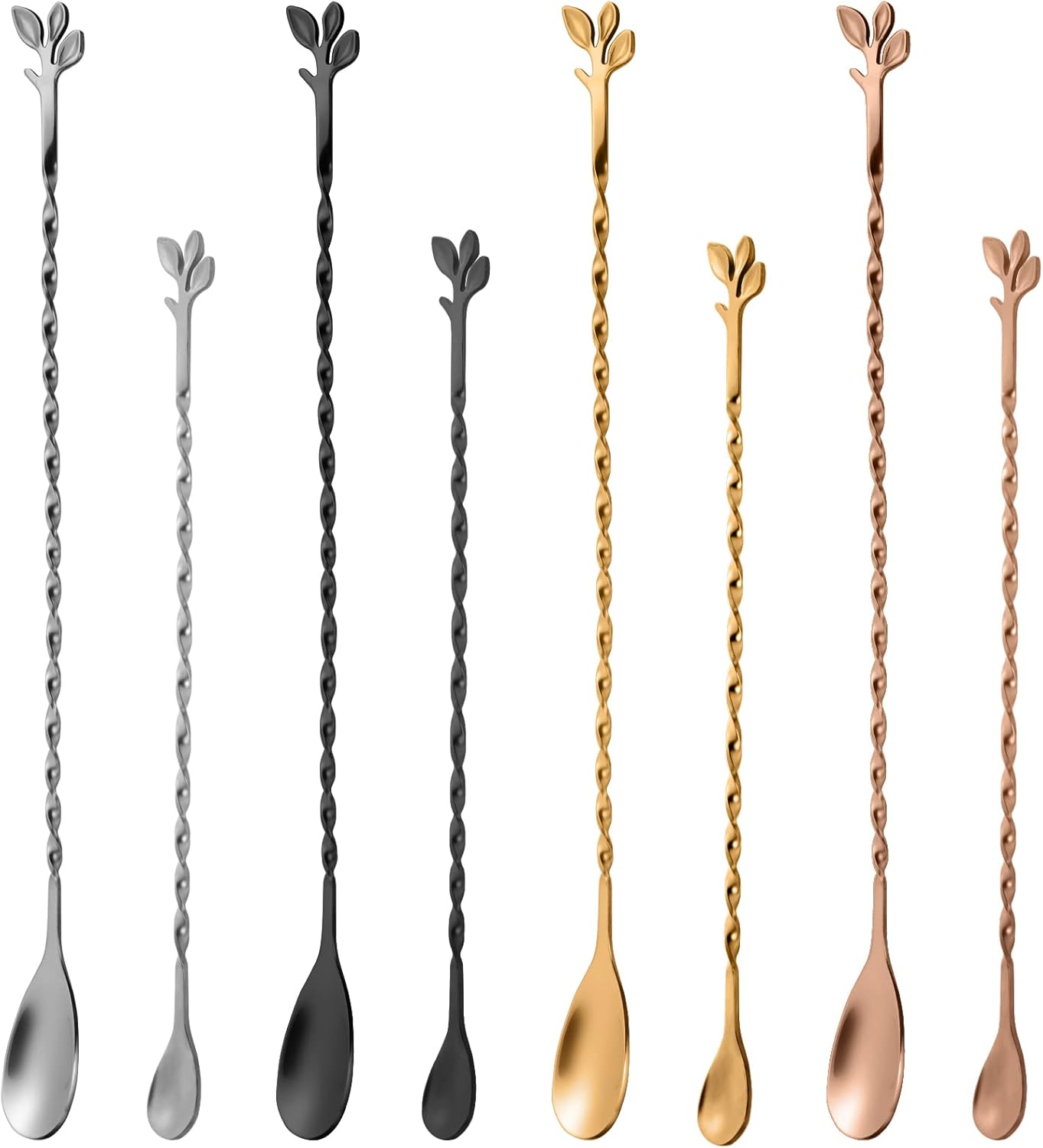 AnSaw Rose Gold 10-Inch Stainless Steel Cocktail Spoon with Leaf Handle - Perfect for Mixing & Layering Drinks in Tall Cups, Bar & Shakers - Durable Long Handle Bar Stirrer,2-Pieces