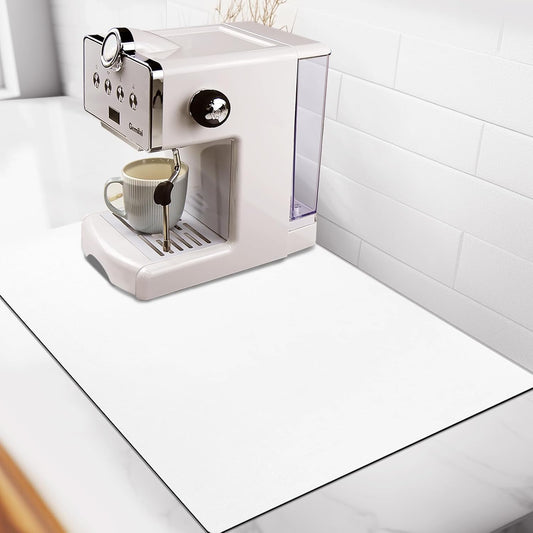 Matace Designer Coffee Bar Mat, Small 12 x 19 Inches, Rubber Backing, Absorbent Coffee Maker Mats for Dish Drying, Kitchen Countertop, Heat Resistant, Solid White