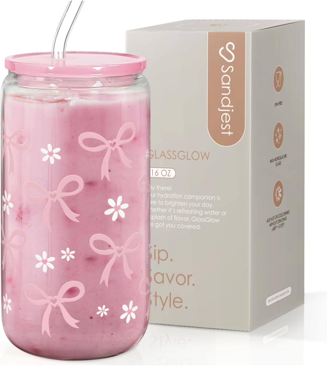 SANDJEST Bow Glass Can, Bows Cup with Lid & Straw, Iced Coffee Aesthetic Cups, Idea Gift for Christmas Birthday Mother Day, Gifts for Women, 16oz