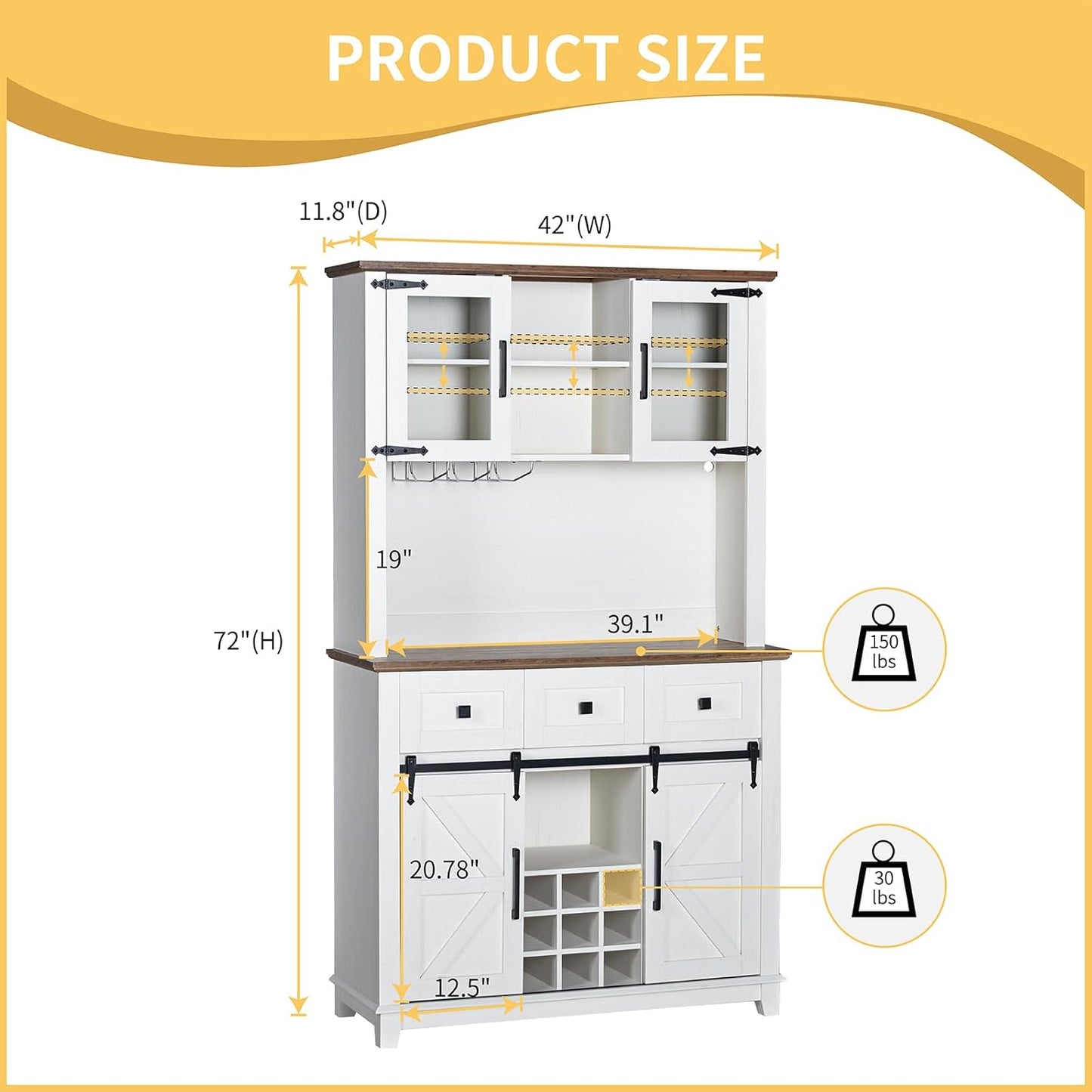 72" Coffee Bar Wine Cabinet with Sliding Barn Door & LED Lights, Sideboard Buffet Cabinet with Wine Bottle Rack, 3 Drawers, Storage Cabinet for Kitchen, Dining Room, White