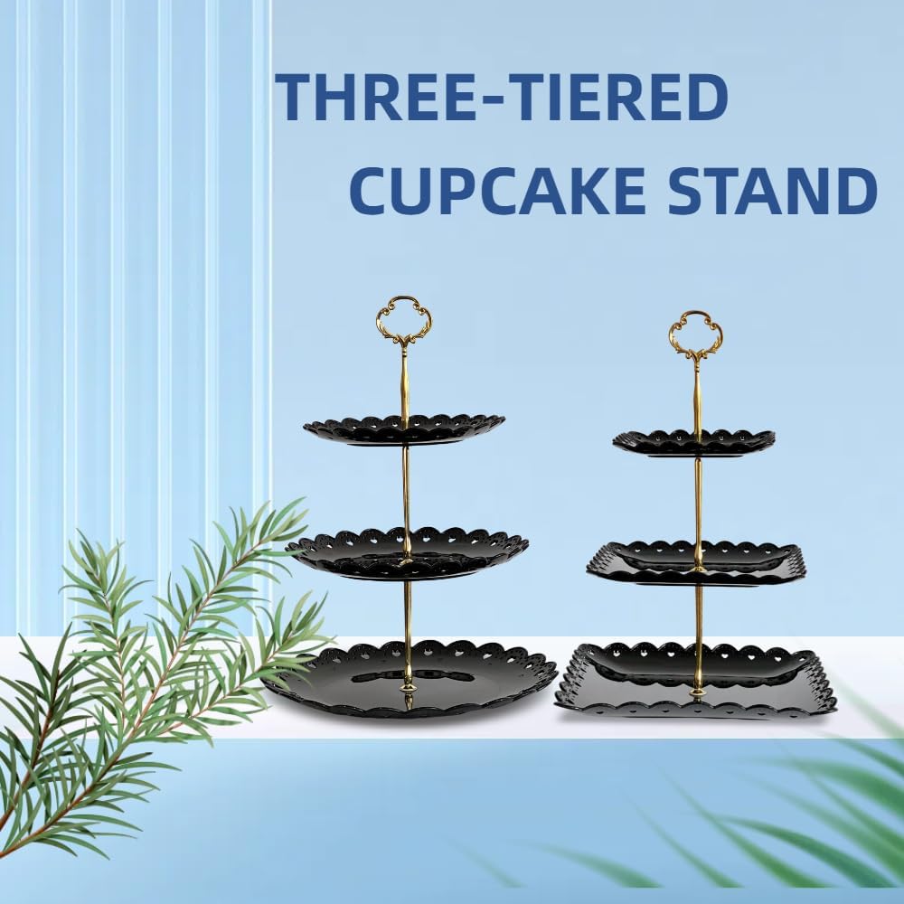 RAUVOLFIA 2 Pack of Plastic Round & Square Dessert Cupcake Stand, 3 Tier Cup Cake Holder Tower for Tea Party/Birthday/Wedding, Plastic Tiered Serving Tray (Black)