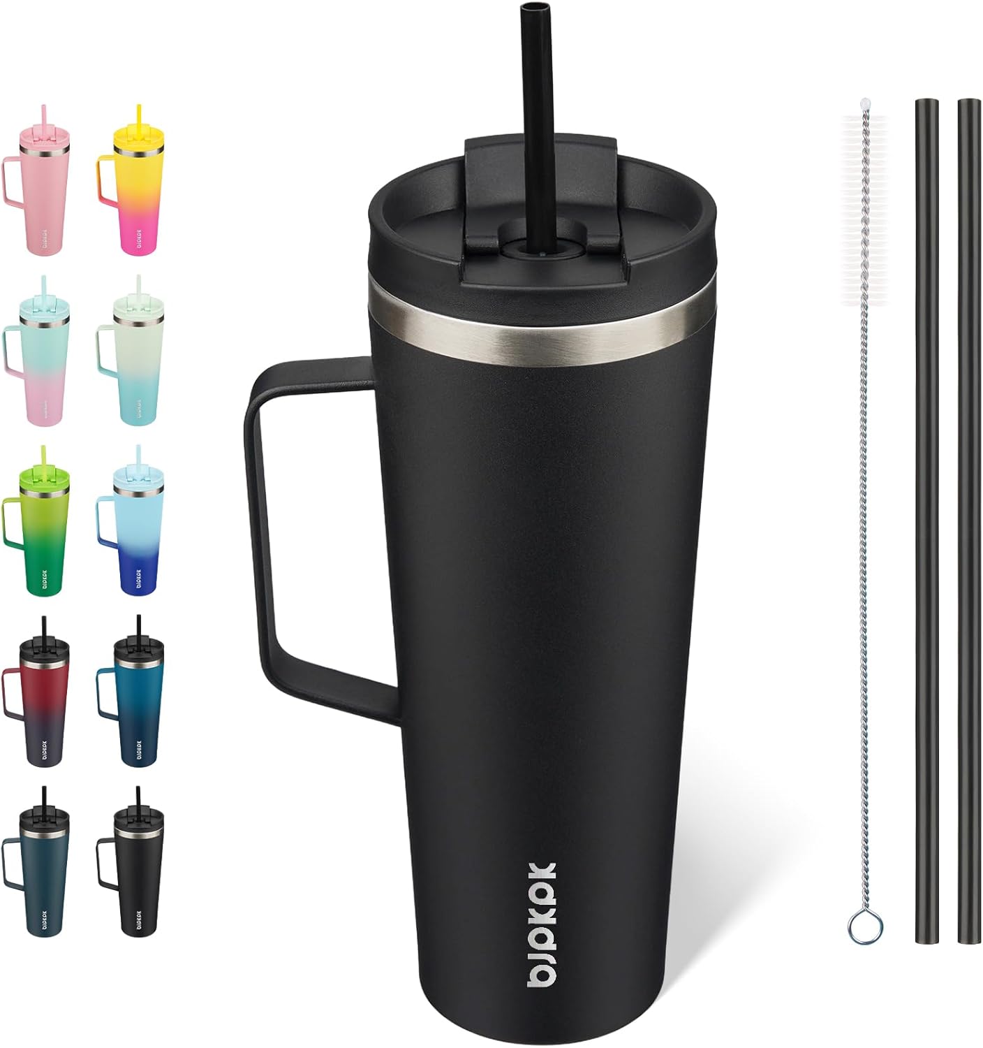 BJPKPK Insulated Tumbler with Handle, 26oz Insulated Tumblers with Lid and Straw, Stainless Steel Metal Water Bottles, Coffee Travel Mugs, Cups, Black