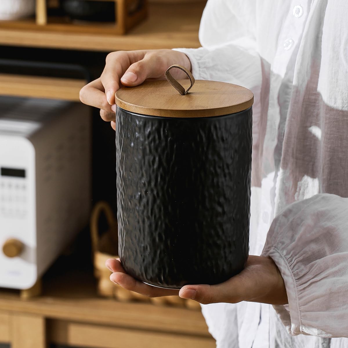 Black White Ceramic Coffee Canister Tea Canister with Seal Wood Lid, Airtight Coffee Storage Container for Coffee Bean, Ground Coffee, Sugar, Cookie Candy jar (Black, 1300ml)