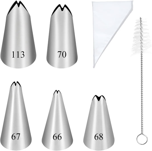 5PCS Piping Tips, Stainless Steel Cake Decorating Tips, Suitable for Pastry Fondant Cupcakes, with 50PCS Piping Bags, 1PCS Cleaning Brush