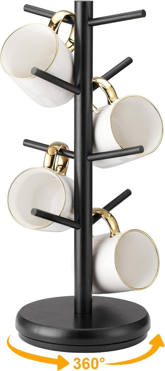 Lorbro Coffee Mug Tree, 360° Rotated Mug Holder with 8 Hooks, Wooden Coffee Cup Holder Rack Stand Accessories for Countertop Kitchen Decor Organizer