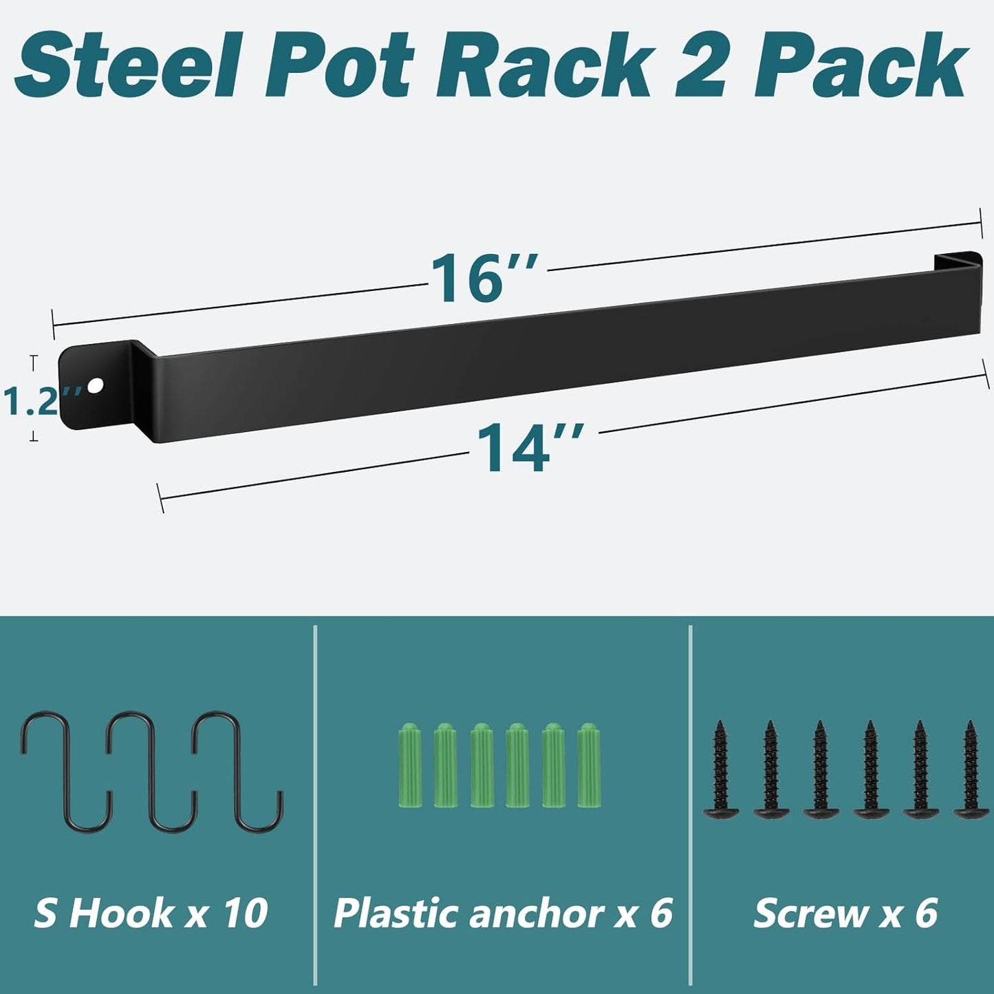 2 Pack Steel-made Kitchen Utensil Rack Organizer Wall-mounted Pot Pans Wall Hanger Holder for Coffee Mug Rack Cup Hanging Kitchen Black with 10 S Hooks