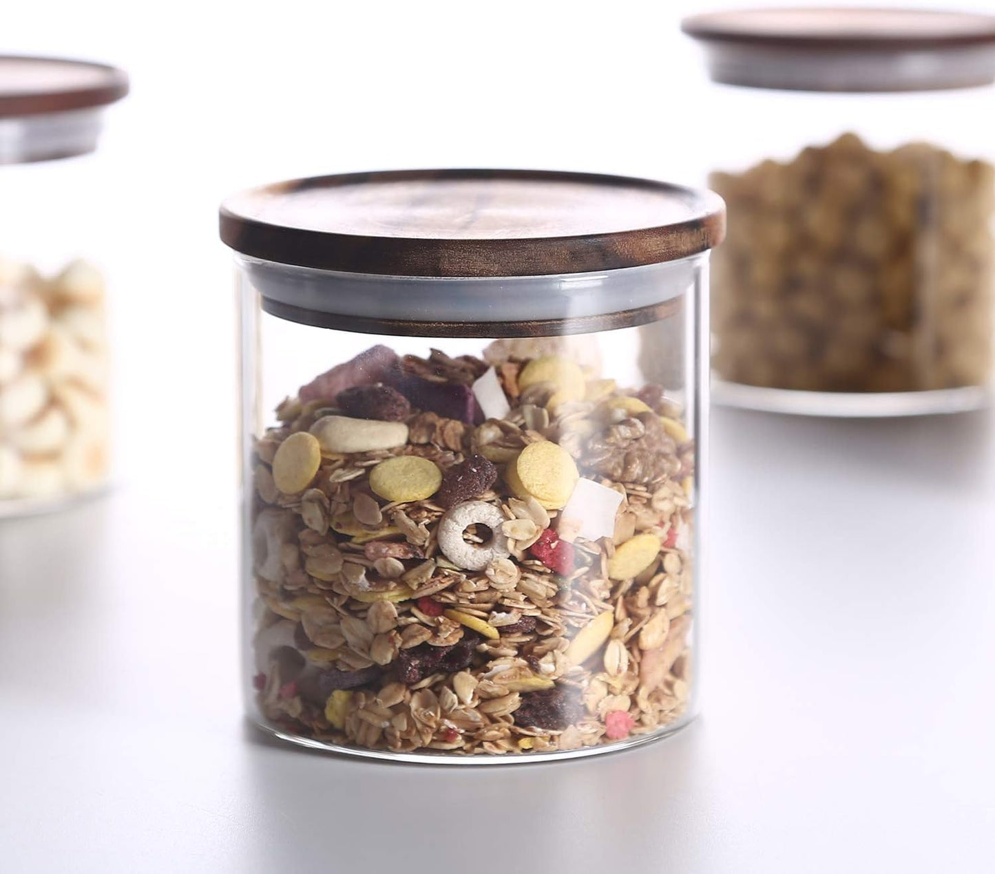 KKC HOME ACCENTS Airtight Glass Food Storage Jars with Wood Lids for Coffee,Sugar,Salt,Wooden Top Sealed Glass Kitchen Jars,18 Fluid Ounces